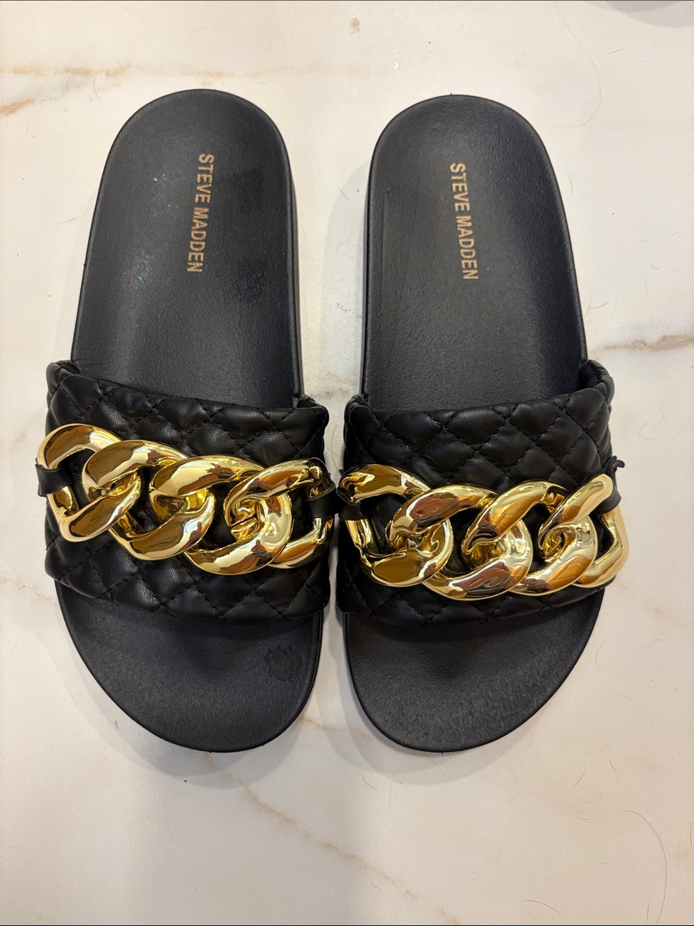 Steve Madden Black Quilted Slide Sandals with Gold Chain Accent